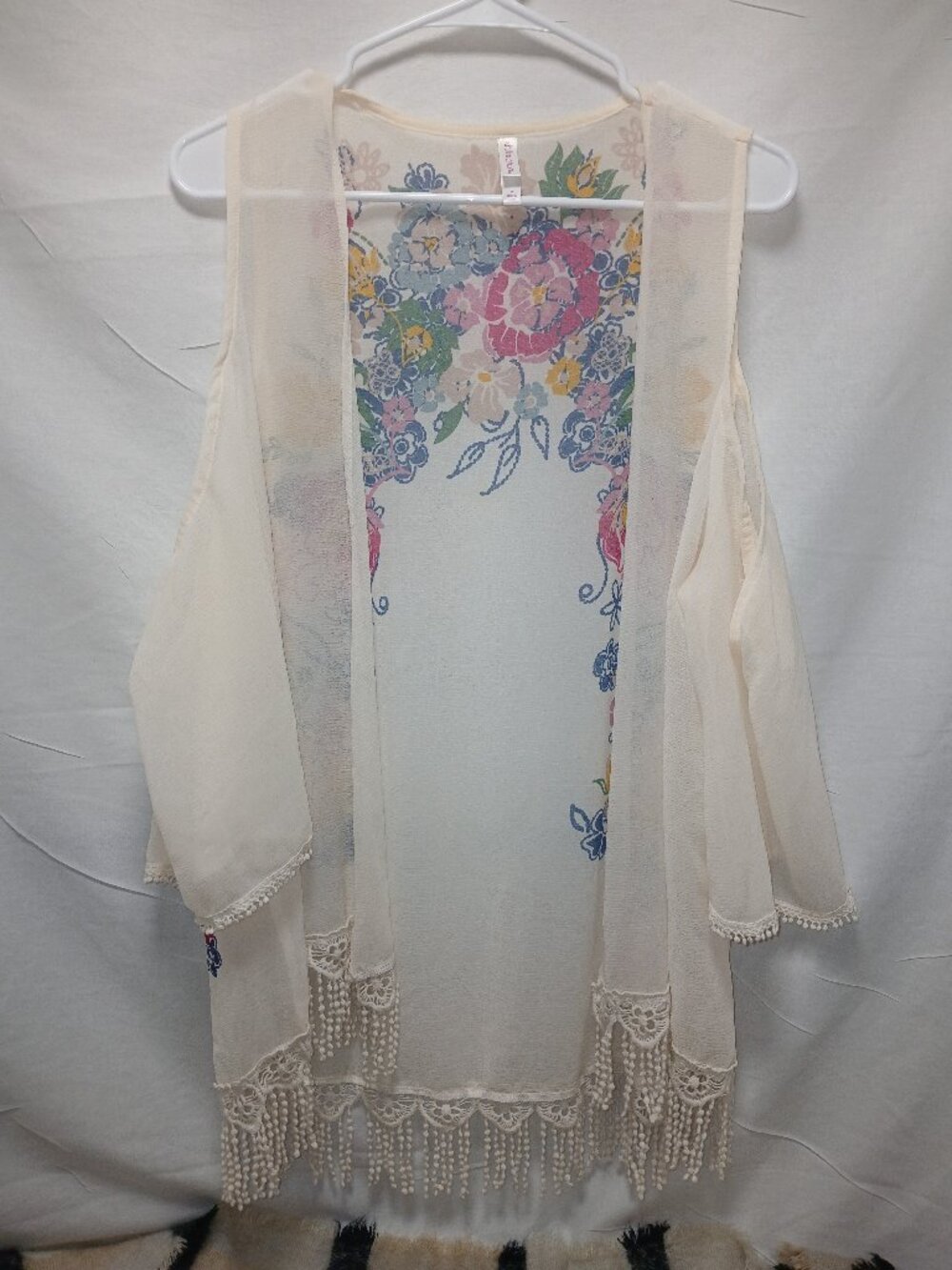 Xhilaration Sheer Lace Trim Kimono Cardigan Cream L